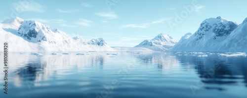 A serene icy landscape featuring snowy mountains reflected in calm, blue waters under a clear sky.