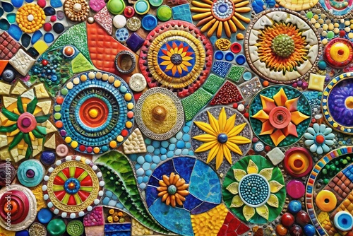 Vibrant mosaic of diverse shapes, sizes, textures, and colors, combining seemingly mismatched elements in harmonious photo