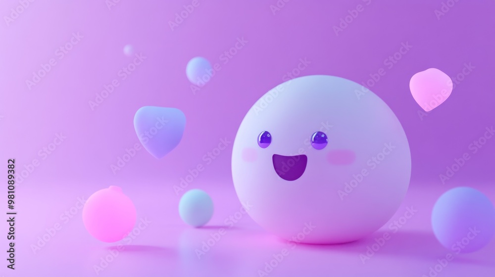 A cute, smiling character surrounded by colorful, floating shapes in a whimsical setting. A cute, smiling character surrounded by colorful, floating shapes in a whimsical setting.
