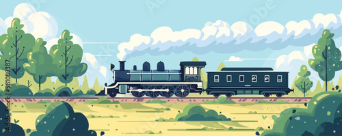 Classic steam locomotive traveling through a scenic countryside, flat, vector illustration, Sketch.