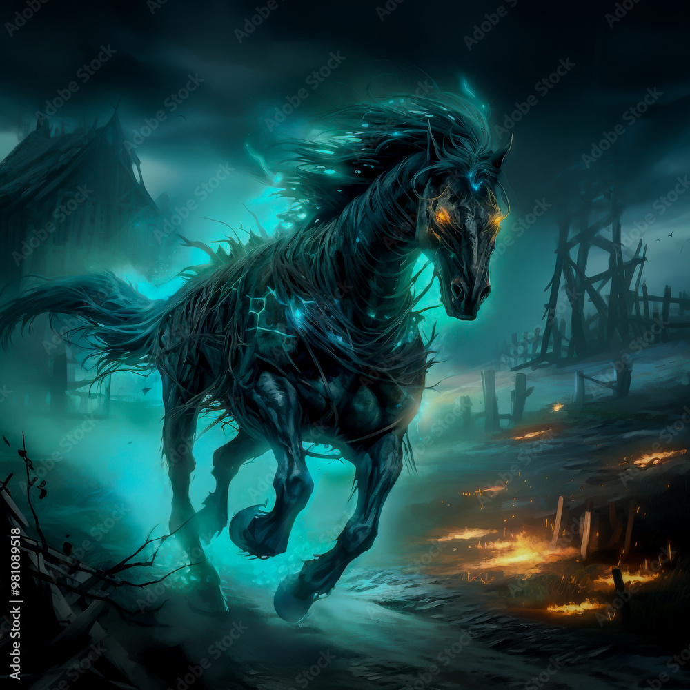 A haunting dark fantasy scene featuring a ghostly horse with glowing ...