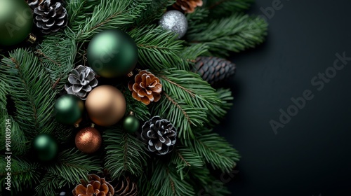 Christmas Ornaments on Evergreen Branches with Pine Cones