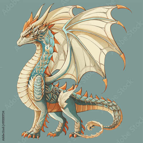 Fantasy dragon with intricate scales and wings, mythical creature, vector illustration for t-shirt, flat style.