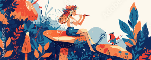 Fairy sitting on a toadstool playing a flute to woodland creatures. Vector flat minimalistic isolated illustration
