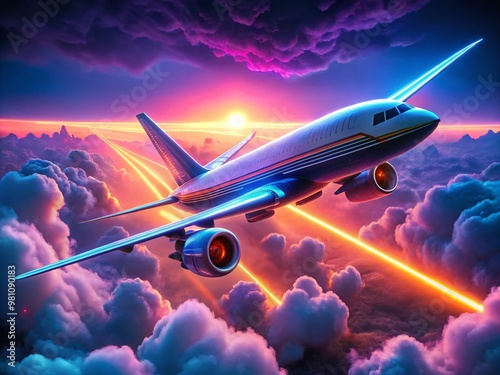 Vibrant neon lights illuminate a sleek, retro-futuristic airliner soaring through cotton-candy clouds, its wings and photo