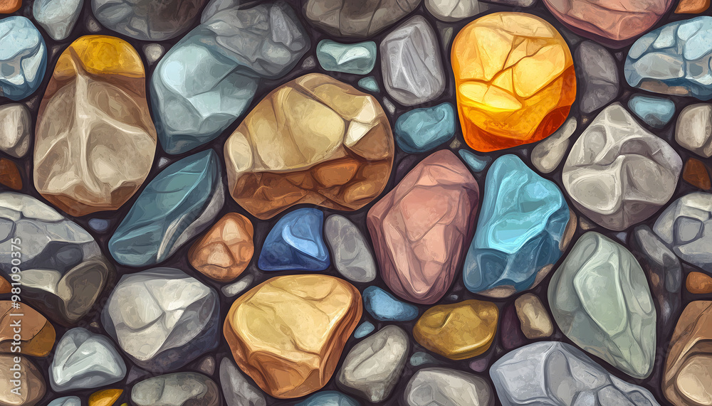 A digital illustration of colorful stones in various shapes, sizes and colors A digital illustration of colorful stones in various shapes, sizes and colors