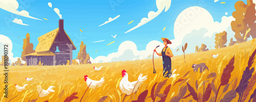 Farmer feeding chickens on a sunny day. Vector flat minimalistic isolated illustration