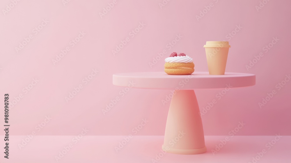 A pastel-themed table featuring a dessert and a coffee cup.