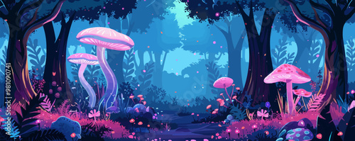 Mystical enchanted forest with glowing mushrooms, fairies, and ancient trees, flat, vector illustration in watercolor style.