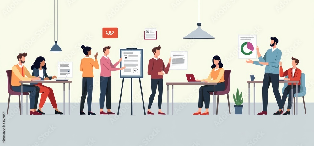 A vibrant office scene depicting a collaborative team meeting, showcasing professionals engaged in discussions, presentations, and creative brainstorming. A vibrant office scene depicting a collaborative team meeting, showcasing professionals engaged in discussions, presentations, and creative brainstorming.