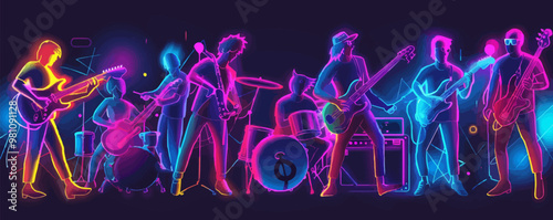 Modern dance, dancers in neon-lit settings, expressive movements, performance art, neon style, vector illustration, flat style.