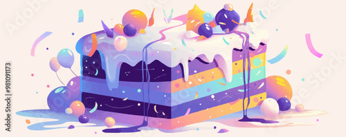 Fondant-covered cake with geometric patterns and metallic accents, Vector flat minimalistic isolated illustration