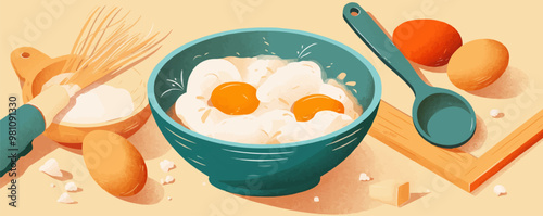 Flour in a ceramic bowl with eggs and butter. Vector flat minimalistic isolated illustration.