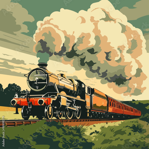 Nostalgic depiction of a steam locomotive chugging through the countryside, flat, vector illustration, Vintage hand drawn.