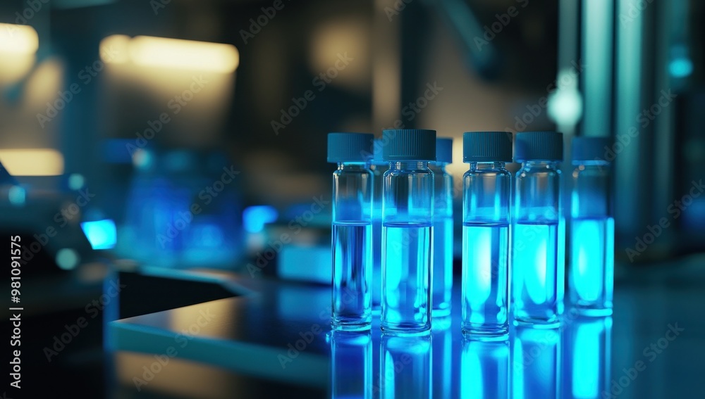Blue Liquid Samples in a Laboratory Blue Liquid Samples in a Laboratory