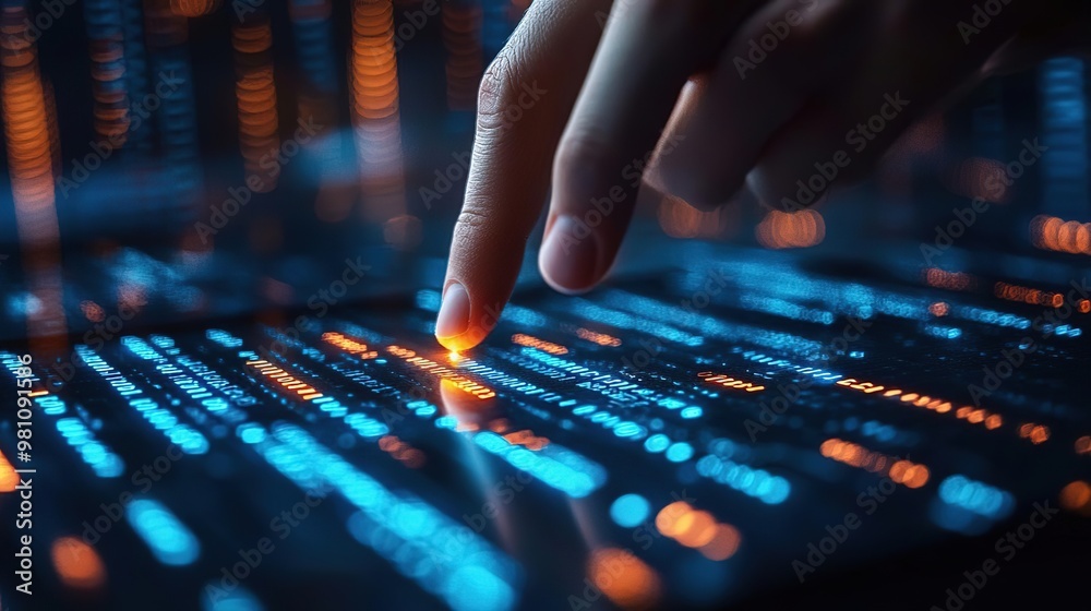 A close-up of a finger touching a glowing digital screen displaying vibrant data and codes. Symbolizes technology and innovation. A close-up of a finger touching a glowing digital screen displaying vibrant data and codes. Symbolizes technology and innovation.