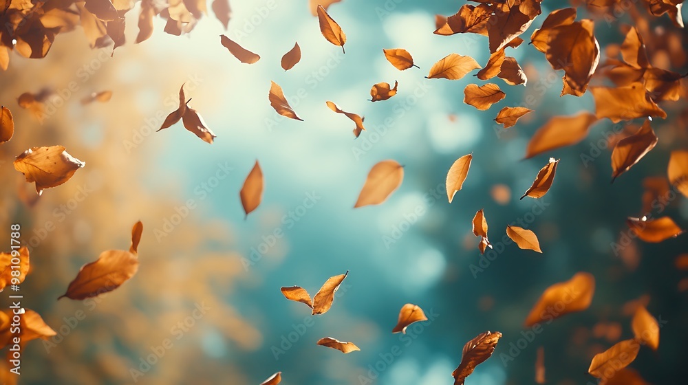 A serene scene of autumn leaves gently falling in a soft, illuminated background.