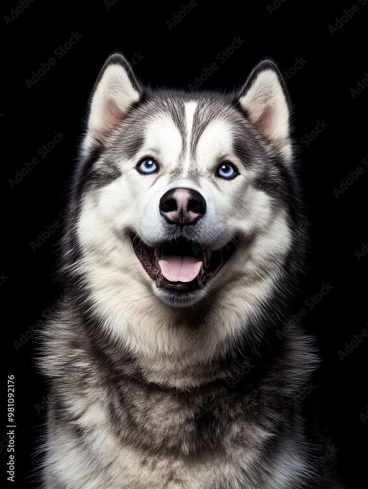 Obraz premium This Siberian Husky displays its cheerful demeanor with a wide smile, set against a black backdrop that highlights the unique blue of its eyes and the softness of its fur