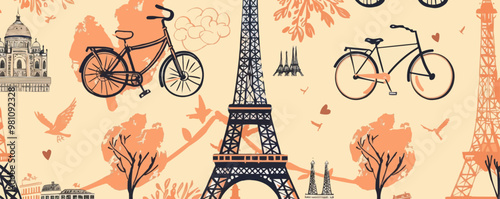 Parisian landmarks and bicycles seamless pattern background, romantic Paris with iconic symbols, vector pattern.