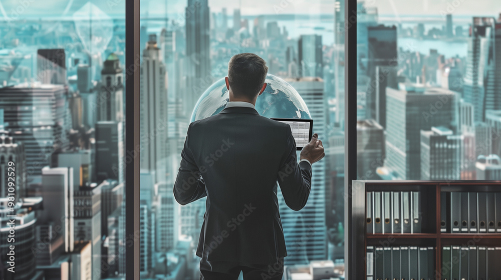 Powerful media mogul in grand office, overlooking city skyline, holding tablet with news headlines, surrounded by globe and awards, exuding authority and influence. Powerful media mogul in grand office, overlooking city skyline, holding tablet with news headlines, surrounded by globe and awards, exuding authority and influence.