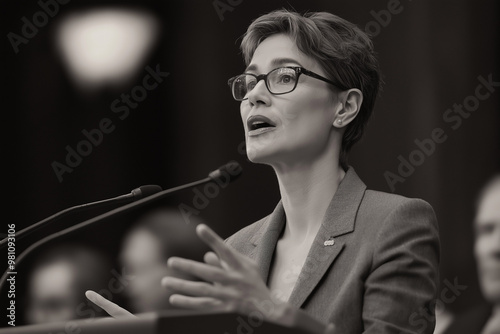 A female politician in a legislative chamber. She’s speaking passionately during a session with other lawmakers photo