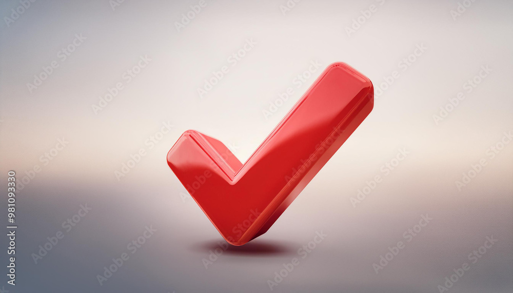 Red check mark icon. Symbol of approval. 3D rendering, modern illustration. Light backdrop. Red check mark icon. Symbol of approval. 3D rendering, modern illustration. Light backdrop.