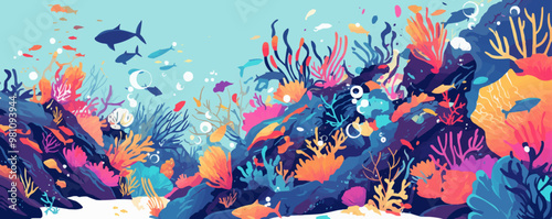 Captivating beauty of a vibrant coral reef teeming with marine life, Vector flat minimalistic isolated illustration