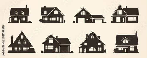 Home and house icon set: black icons of diverse real estate objects, vector flat minimalistic isolated illustration
