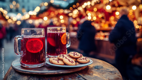 Two glasses of hot mulled spicy wine with cookies at a Christmas market illuminated at night in december photo