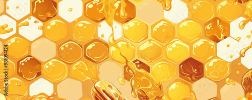 Hexagonal honeycomb pattern with honey dripping, Vector flat minimalistic isolated illustration