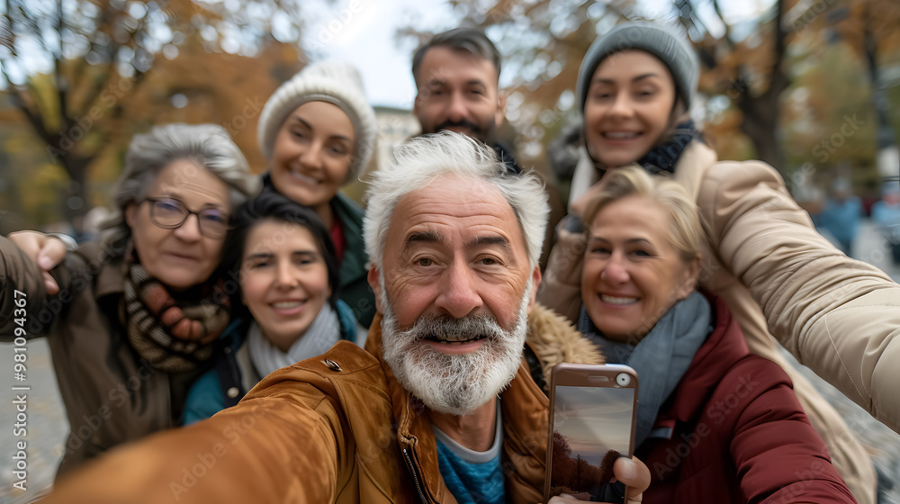Cheerful vertical selfie of a group of mature people looking at the camera happily, taking photos during their family trip together Cheerful vertical selfie of a group of mature people looking at the camera happily, taking photos during their family trip together