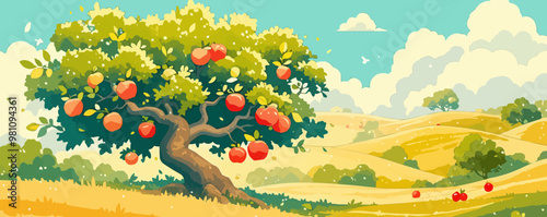 Cartoon-style depiction of a cheerful apple tree with ripe apples hanging from its branches, evoking a sense of harvest and abundance. , Vector flat minimalistic isolated illustration