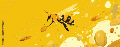 Honeybee flying with pollen sacs, Vector flat minimalistic isolated illustration