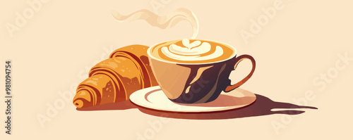 Illustrate a steaming cup of coffee with latte art and a croissant on the side. Vector flat minimalistic isolated illustration.