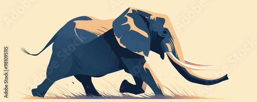 Illustrate an elephant in motion, running or charging, emphasizing strength and power. Vector flat minimalistic isolated illustration.