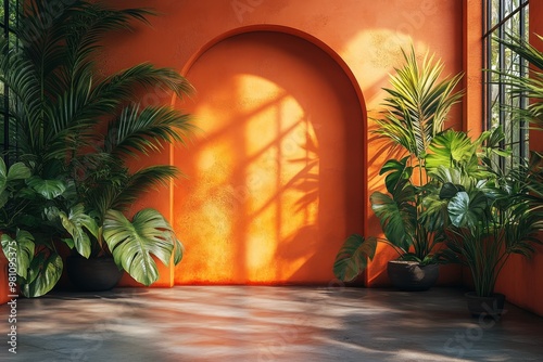 Sun-Kissed Tranquility: An empty orange room bathed in warm sunlight, adorned with lush tropical plants and an arched alcove, evokes a sense of serene and stylish living.  photo