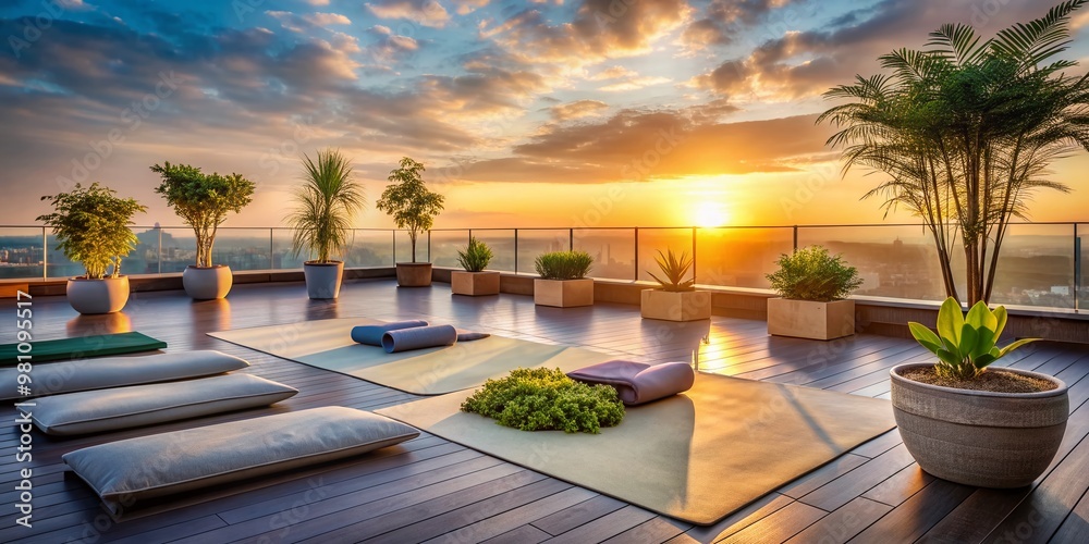 Φωτογραφία Serene rooftop setting at dawn, with yoga mats, cushions, and plants, captures the essence of a tranquil morning meditation session, evoking feelings of calmness and inner peace