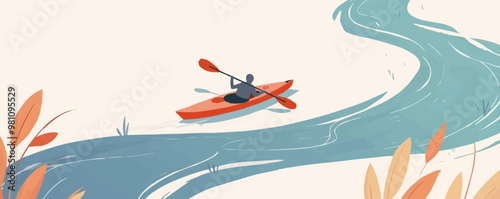 Kayak with paddle on a serene river, Vector flat minimalistic isolated illustration
