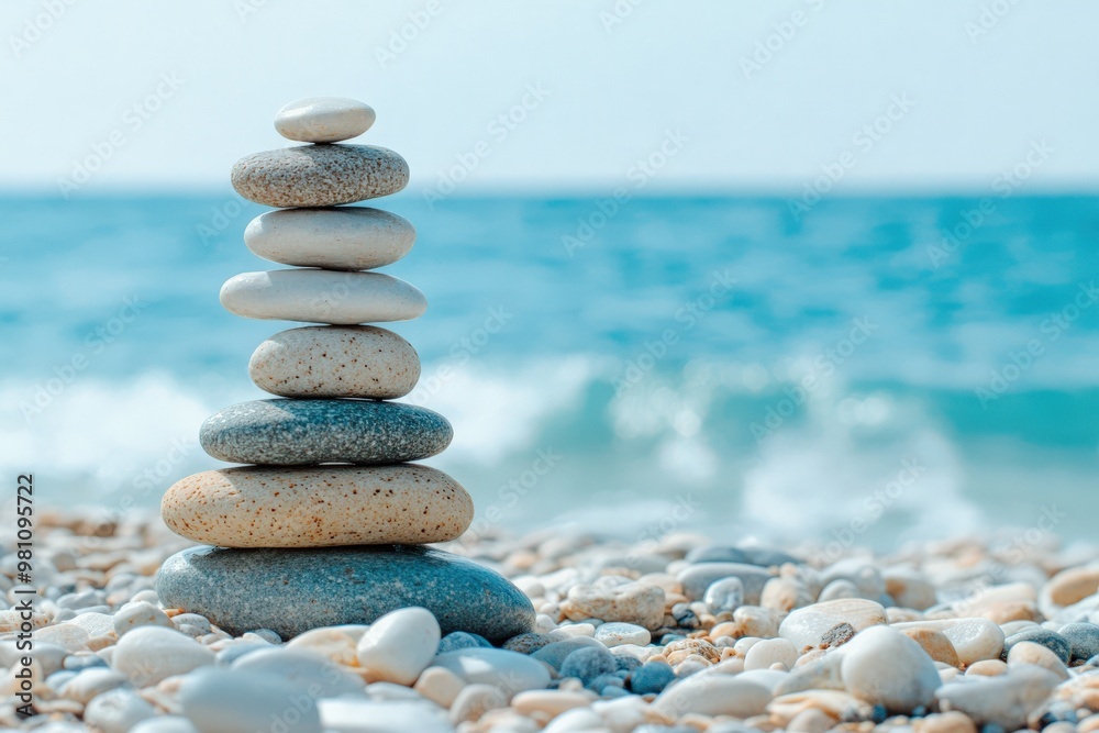 Pile Of Pebbles. Stacked Stones Balanced on a Beach, Zen Still Life with Blue Ocean Background Pile Of Pebbles. Stacked Stones Balanced on a Beach, Zen Still Life with Blue Ocean Background