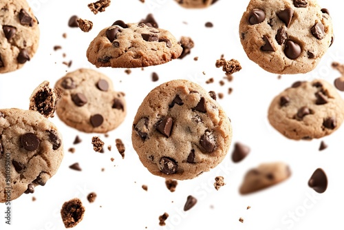 Dynamic Scene of Chocolate Chip Cookies in Mid-Air, AI generated illustration