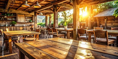 Empty rustic bar restaurant cafe wooden table in a sunny weather setting with a cozy cottage core atmosphere