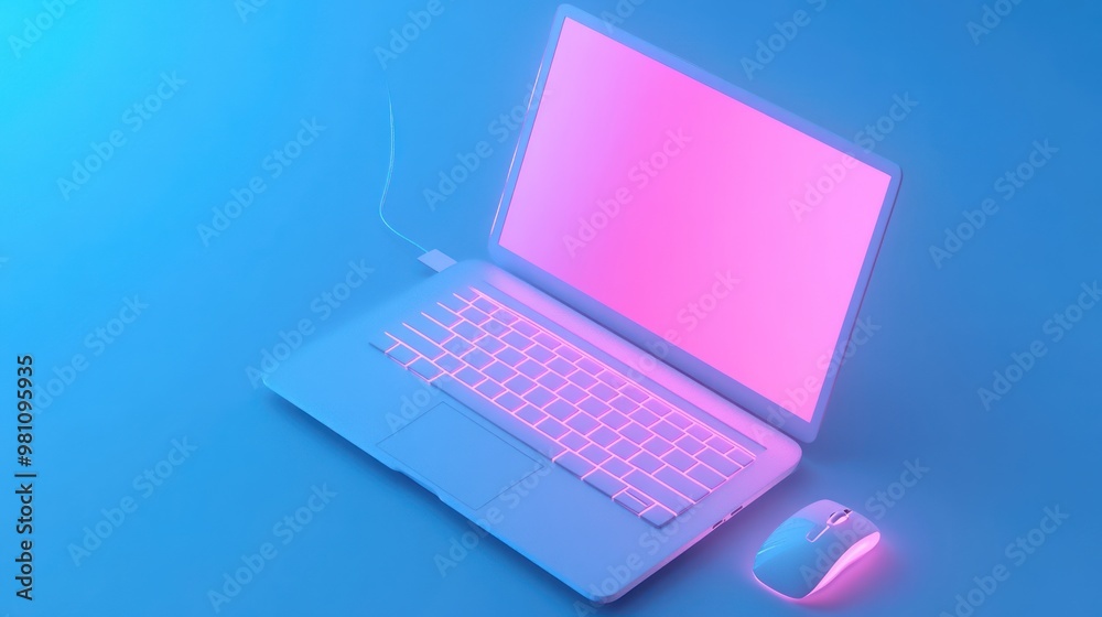 A modern laptop and mouse set against a gradient background, showcasing technology. A modern laptop and mouse set against a gradient background, showcasing technology.