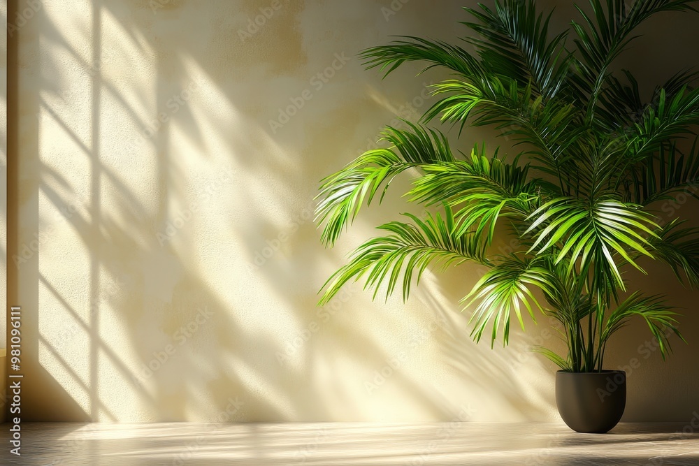 Sunlight Dappled Palm: A serene and minimalist interior design featuring a lush palm plant bathed in sunlight streaming through a window. The soft shadows create a sense of tranquility and natural bea Sunlight Dappled Palm: A serene and minimalist interior design featuring a lush palm plant bathed in sunlight streaming through a window. The soft shadows create a sense of tranquility and natural bea