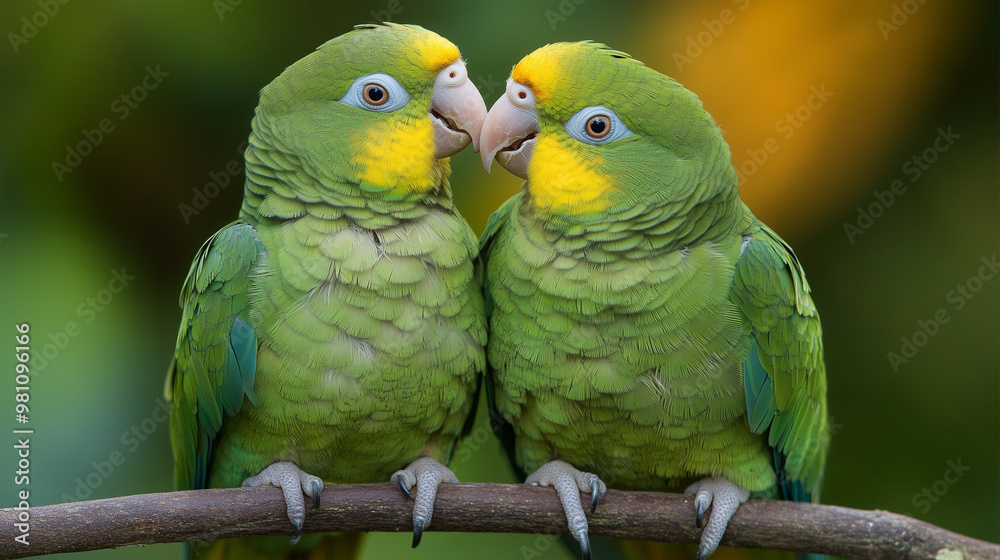 Fototapeta premium Two green parrots on a branch