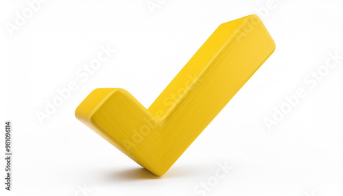 Yellow check mark icon. Symbol of approval. 3D rendering, modern illustration. Light backdrop.