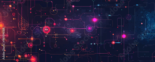Complex cyber-neofuturistic grid with interconnected nodes and circuits, Vector flat minimalistic isolated illustration