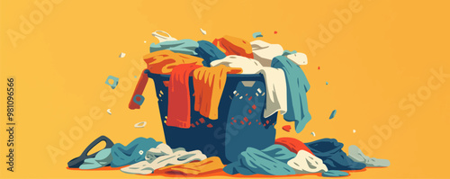 A pile of clothes in a basket with a yellow background. The clothes are all different colors and sizes
