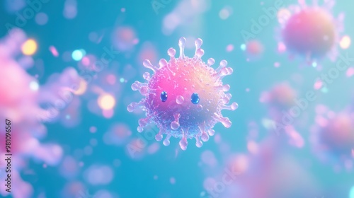 A colorful, stylized representation of a virus in a vibrant, abstract environment.