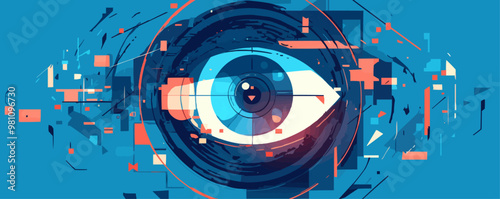 Craft an illustration of an eye integrated into a digital interface, showcasing technology and surveillance. Vector flat minimalistic isolated illustration.