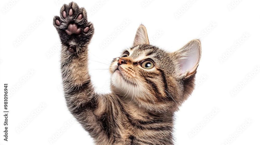 Obraz premium A curious tabby cat reaching with its paw, showcasing its playful nature and adorable expression against a clean background.